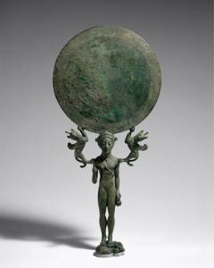 Bronze mirror with stand in the form of a naked girl