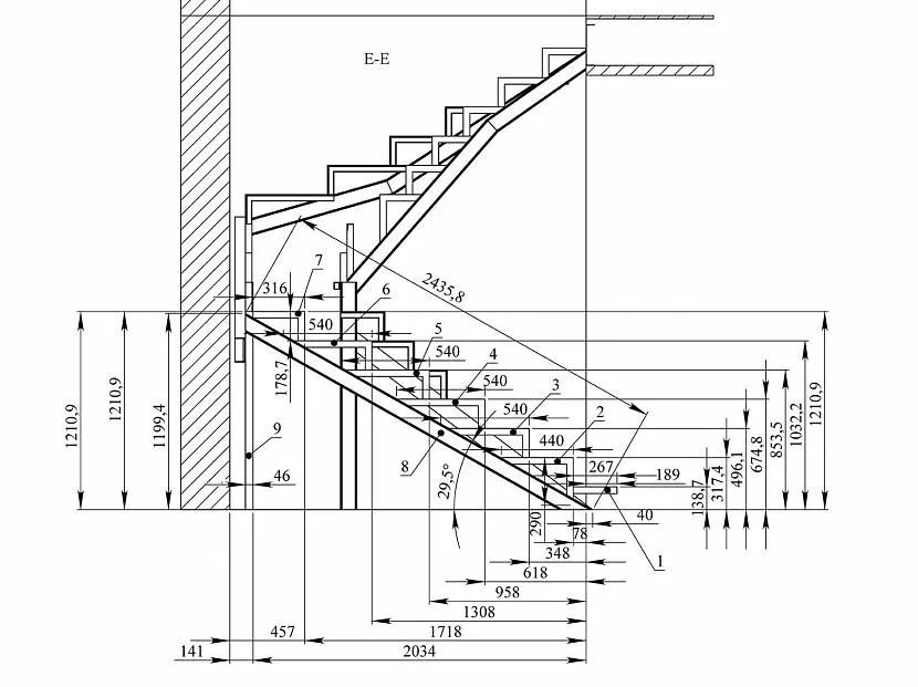 Drawing of a staircase, indicating dimensions