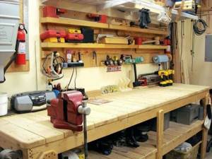 wooden workbench in the garage