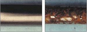 The left picture shows a chrome finish, the right a much smoother HVOF tungsten carbide finish.