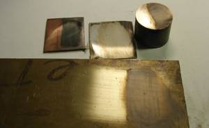 Testing the solution on copper, bronze and brass gives different effects