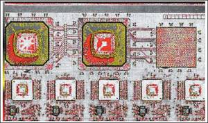 Рис. 11. Пример УЗ-контроля платы с микросхемами в BGA-корпусах, красным показаны области расслоения