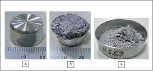 Rice. 22. A sample of high purity tin (99.99%), which was stored at a temperature of -45 °C: a) the original sample; b) partial transition; c) complete transition 