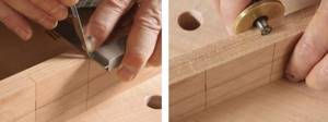 Tenon-groove connection: tenoning device and cutters for a hand router