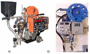 Welding tractor ADF-800 (a) and automatic welding machine A-1416 (b), used for surfacing parts under a layer of flux