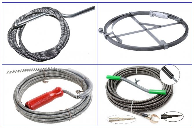 Types of plumbing cables for cleaning drains.